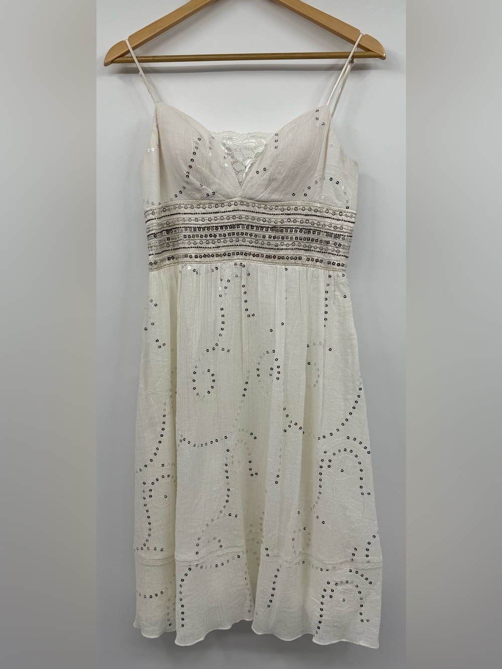 OC by OC Oleg Cassini Sequin Cotton Silk Dress SZ 6 Ivory Empire Waist Babydoll